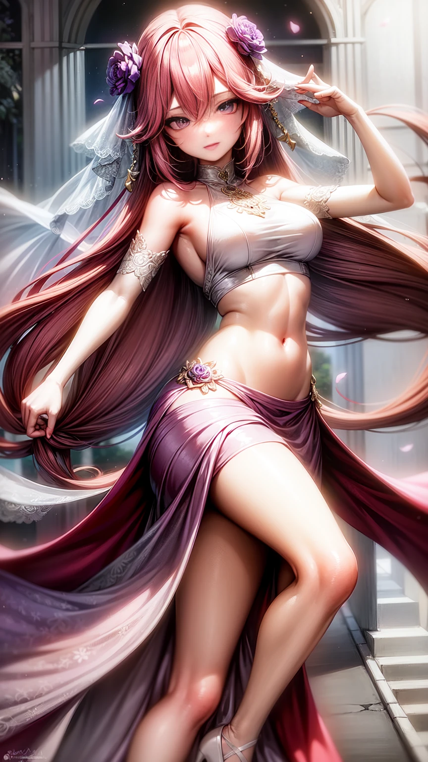 purple eyes,Wedding dress,long skirt,crop top,pink hair