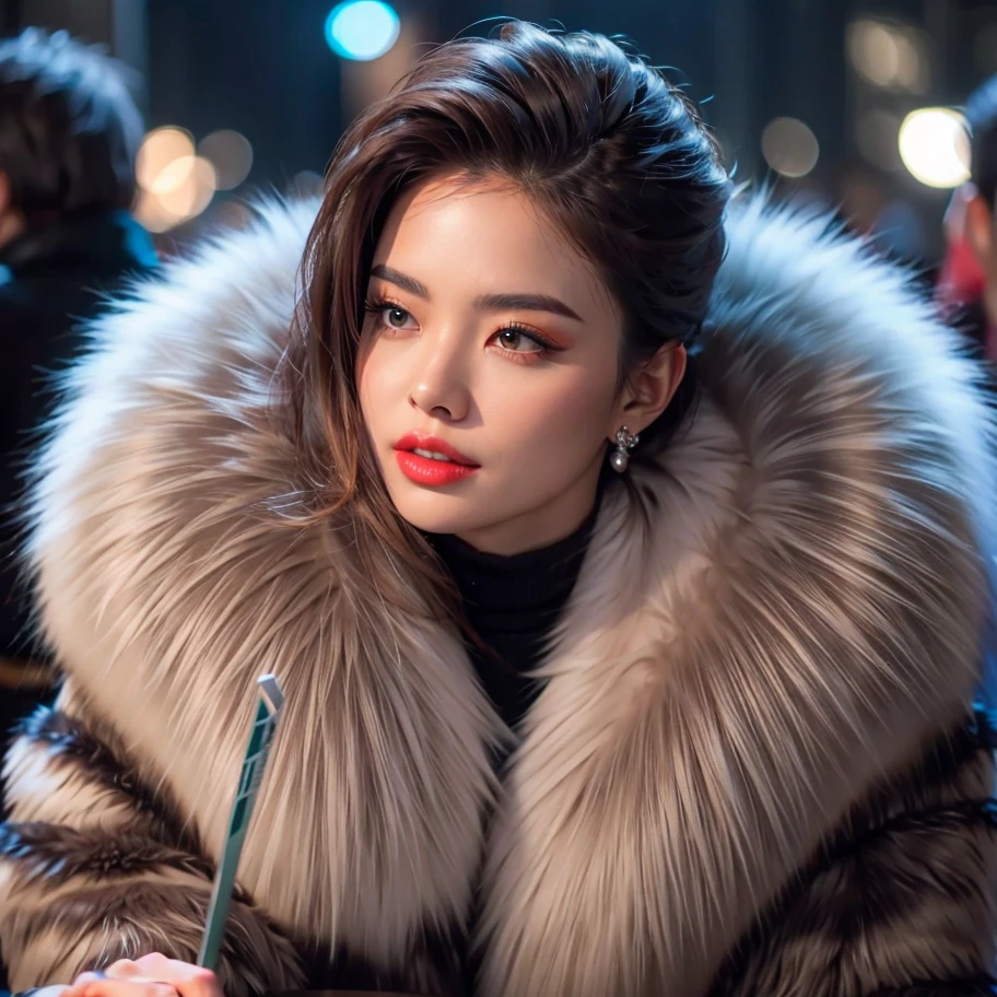 Beautiful woman wearing huge fur coat