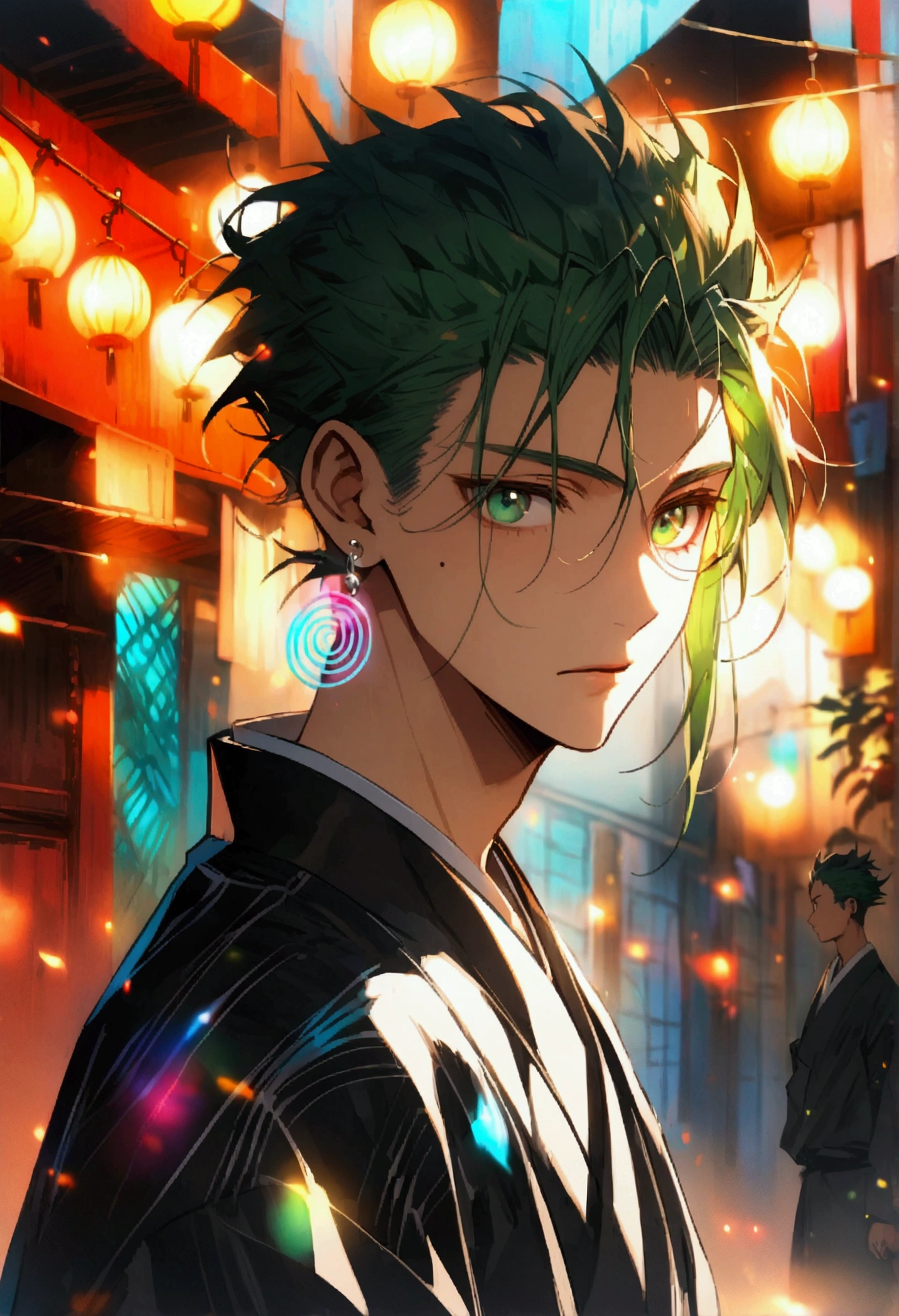 Anime, young man, small mole under left eye, green hair, long hair in the middle and shaved sides, messy hair strands, green eyes, shorty, fully dark black japonese kimono,a pair of silver spiral-shaped earrings