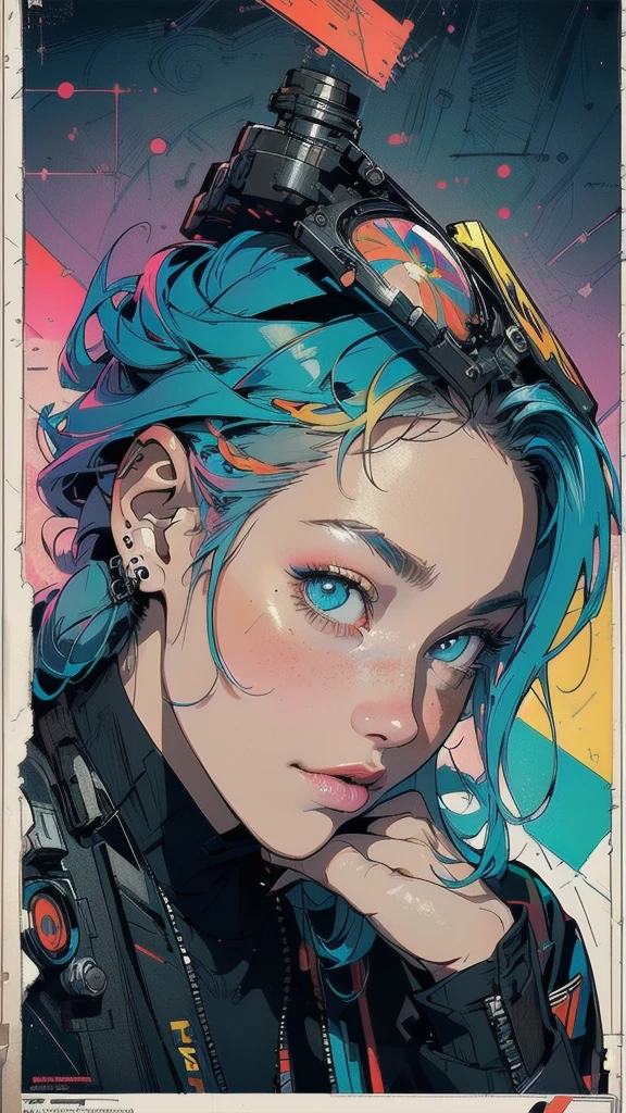 (((masterpiece, highest quality))),(((solo:1.2))),(((1girl:1.2))),32k wallpaper, very detailed, poster, vintage science fiction,(((((geometric cinematic movie poster))))), ((bauhaus)),(shape),(((abstract))),(mid century modern),(((((portfolio))))),(((((Close-up))))),(((((bust up))))),((((more various angle)))),((((highlight)))),((((heterochromia)))),(((complete. detailed face))),((((Extremely talented)))),(((((most complecated futristic machine))))),(Colorful color scheme),(((detailed unlimited complete equipment : Artificial eye like a rail gun))),(((((Absolutely simple  background))))),(((Texture for people : grunge))),(((Cheek resting on hand))),((Rest on your chin)))