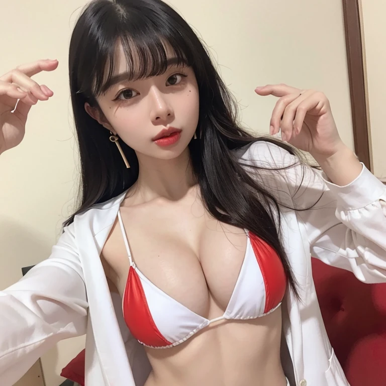 a girl,black hair, Glasses, earrings, High quality, Feminine, 8k, masterpiece, best quality, Excellent details) , (High saturation, The best shades, The best light, Extremely fine bleaching),Red bikini,Perfect body,whole body