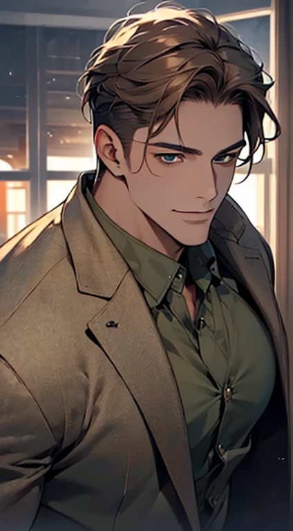(best quality,4k,8k,highres,masterpiece:1.2),ultra-detailed,(realistic,photorealistic,photo-realistic:1.37),cinematic lighting,1:4 hdr image,a mature man, 29 years old,very handsome,cold expression smile in love, short grey brown hair, green eyes,flawless face,buttoning his jacket,CEO
