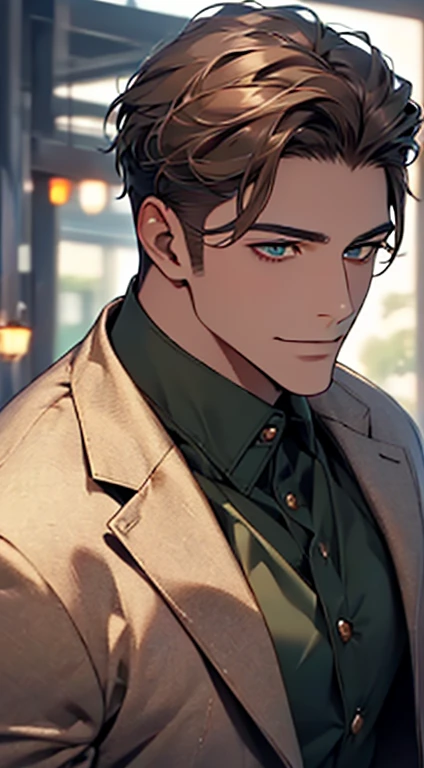 (best quality,4k,8k,highres,masterpiece:1.2),ultra-detailed,(realistic,photorealistic,photo-realistic:1.37),cinematic lighting,1:4 hdr image,a mature man, 29 years old,very handsome,cold expression smile in love, short grey brown hair, green eyes,flawless face,buttoning his jacket,CEO