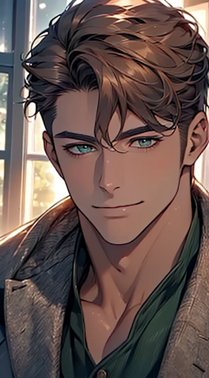 (best quality,4k,8k,highres,masterpiece:1.2),ultra-detailed,(realistic,photorealistic,photo-realistic:1.37),cinematic lighting,1:4 hdr image,a mature man, 29 years old,very handsome,cold expression smile in love, short grey brown hair, green eyes,flawless face,buttoning his jacket,CEO