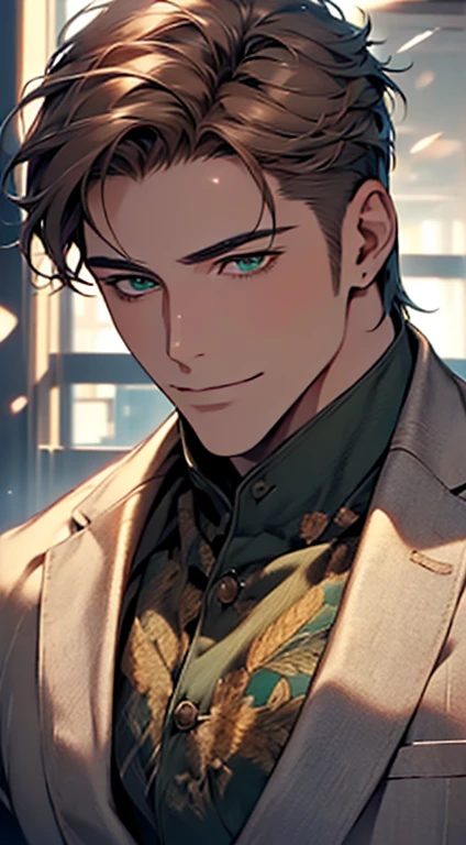 (best quality,4k,8k,highres,masterpiece:1.2),ultra-detailed,(realistic,photorealistic,photo-realistic:1.37),cinematic lighting,1:4 hdr image,a mature man, 29 years old,very handsome,cold expression smile in love, short grey brown hair, green eyes,flawless face,buttoning his jacket,CEO