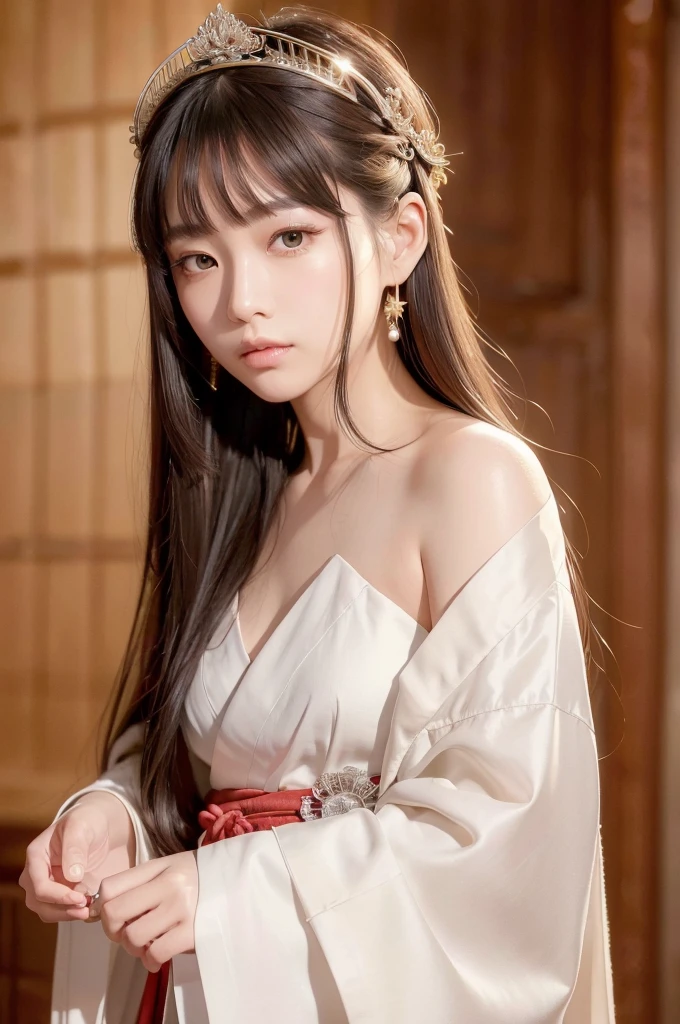 a beautiful shinto priestess with long straight brown hair, wearing a white robe with a red line from the shoulder to the waist, holding a silver scissors, with a golden hair accessory on the back of her head, standing in a shrine, close-up of the upper body, small golden triangular accessory on the forehead, (best quality,4k,8k,highres,masterpiece:1.2),ultra-detailed,(realistic,photorealistic,photo-realistic:1.37),extremely detailed eyes and face,longeyelashes,intricate details,ornate,sacred,spiritual,serene,atmospheric,warm lighting,muted colors