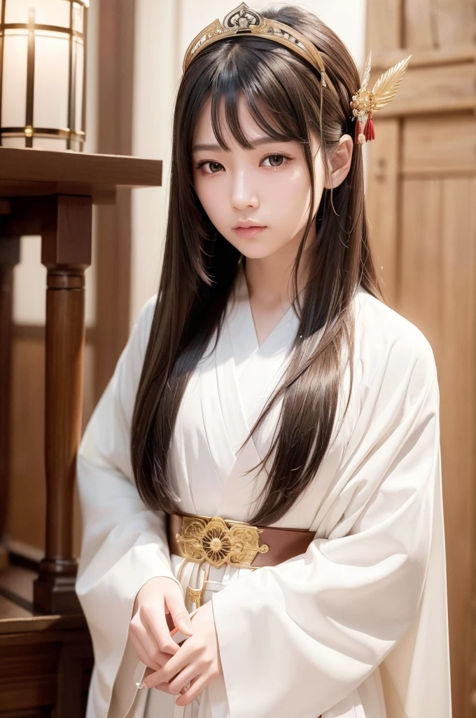 a beautiful shinto priestess with long straight brown hair, wearing a white robe with a red line from the shoulder to the waist, holding a silver scissors, with a golden hair accessory on the back of her head, standing in a shrine, close-up of the upper body, small golden triangular accessory on the forehead, (best quality,4k,8k,highres,masterpiece:1.2),ultra-detailed,(realistic,photorealistic,photo-realistic:1.37),extremely detailed eyes and face,longeyelashes,intricate details,ornate,sacred,spiritual,serene,atmospheric,warm lighting,muted colors