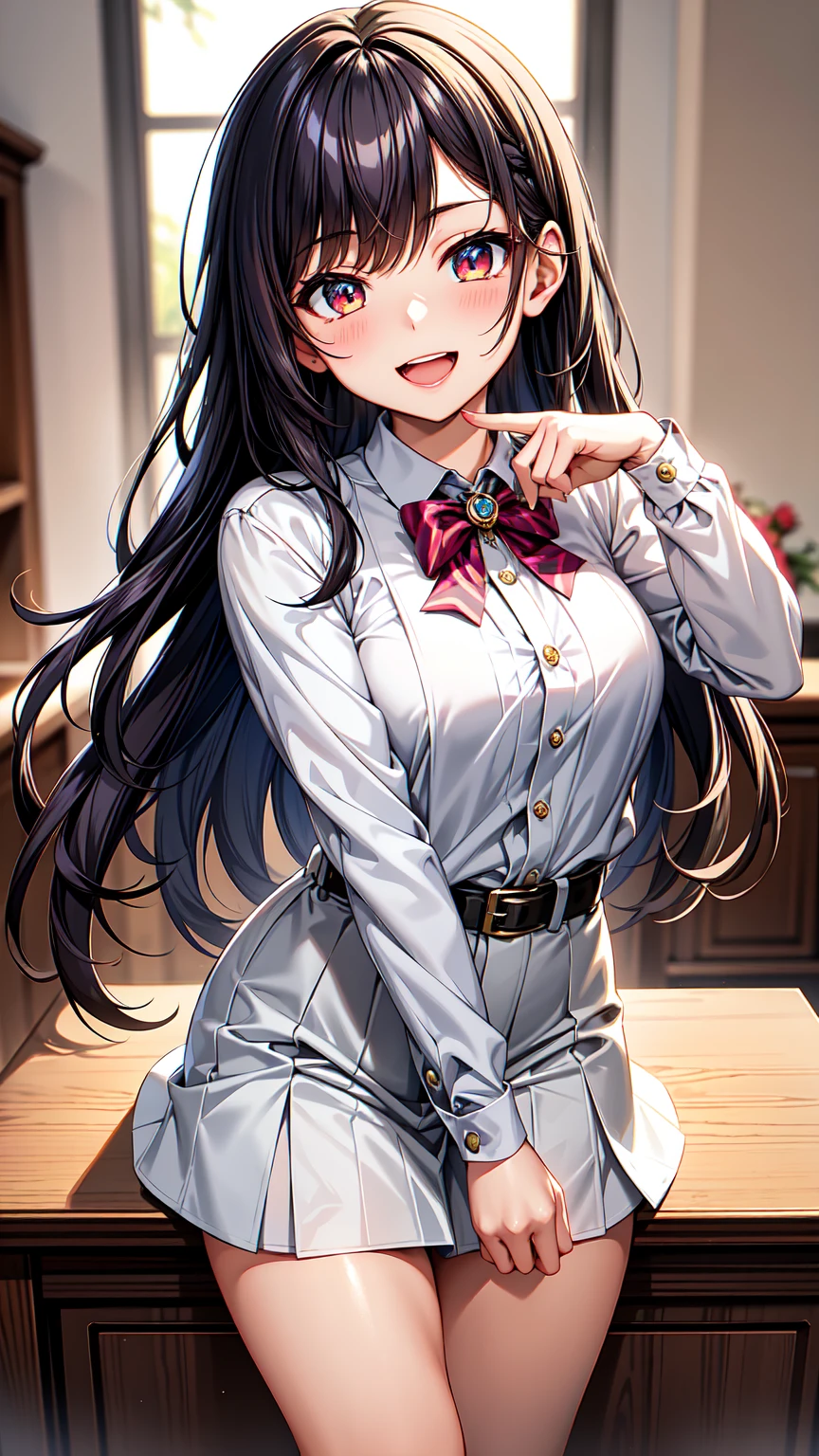 master piece , best quality , ultra detailed , woman , smile , open mouth , shiny hair , beautiful eyes , kawaii , cute,age17,high school girl,shiraga,long hair