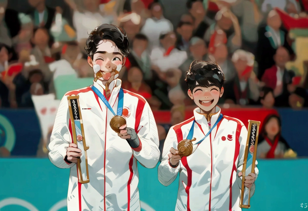 Two people,Man and short hair cute girl,Smile,In receiving the prize,champion,Delicate face,Olympic Games Photos,China,