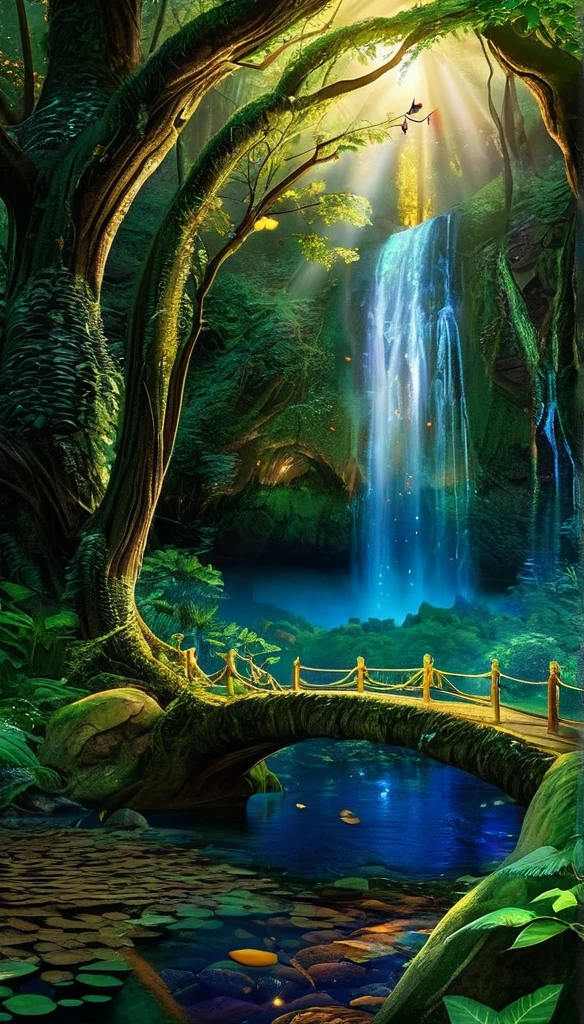 enchanted forest at twilight, ethereal light filtering through ancient towering trees, vividly detailed lush undergrowth, mystical creatures lurking in the shadows, sparkling fairy lights weaving through the foliage, a crystal-clear stream with water so pure it glows, cascading waterfall in the background with magical properties, fantasy wildlife drinking at the water's edge, glowing butterflies fly, highly detailed, photorealistic textures on every surface, soft diffused lighting creating a serene atmosphere, high dynamic range, ultra HD 8K resolution, depth of field emphasizing the magical focus points, art by Thomas Kinkade and Roger Dean, immersive, otherworldly beauty captured in cinematic quality,