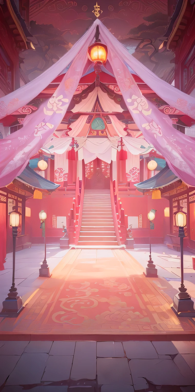 China's Tang Dynasty Brothels,Chinese restaurant,Magnificent,There is a red carpet,central Hall,There are ribbons on the ceiling, carpets and stairs inside