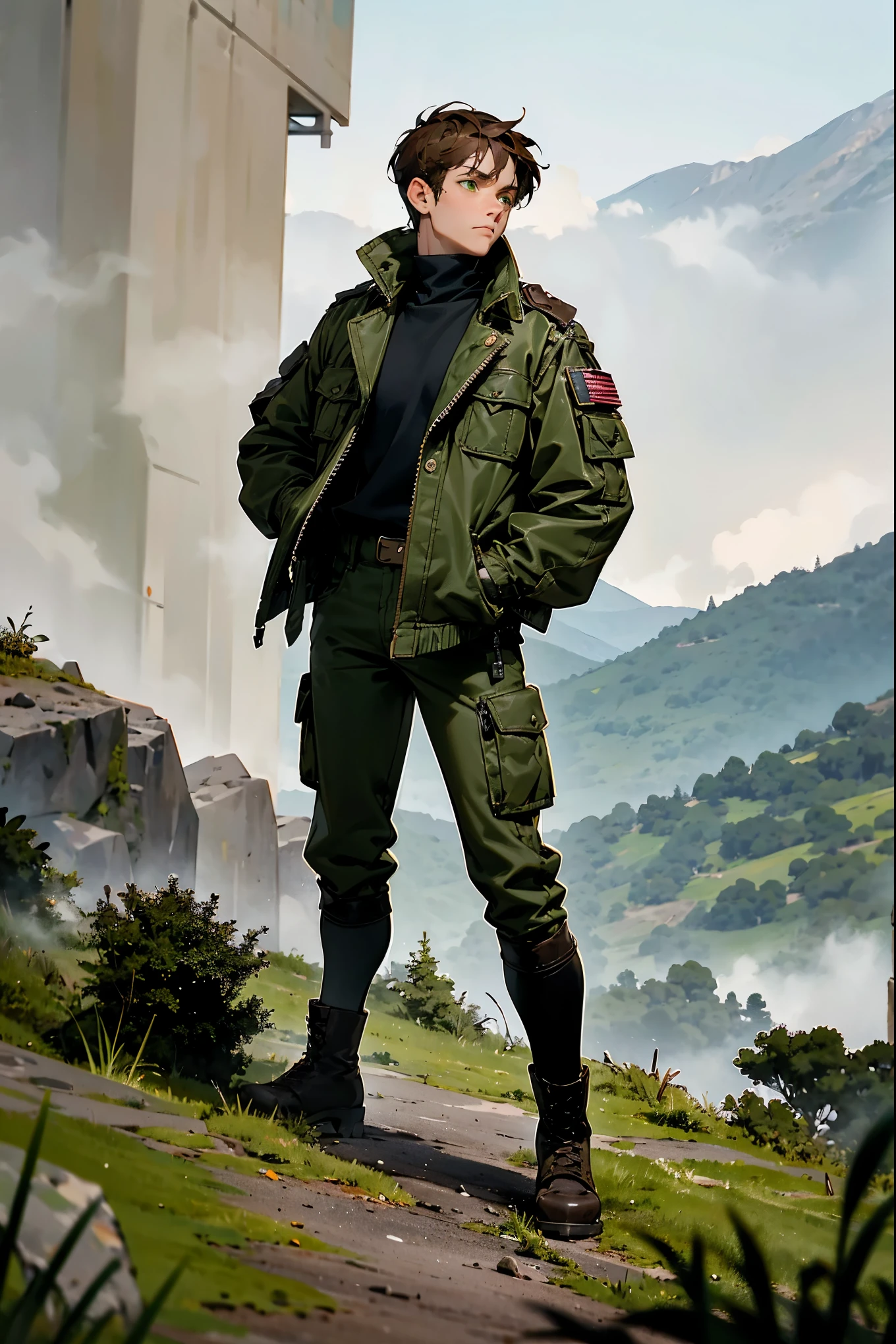 1male: Brown hair, green eyes, wearing a rugged, olive green military jacket with leather patches, gray cargo pants, black combat boots, a watch with a leather strap, against a mountainous backdrop with mist, standing on path.