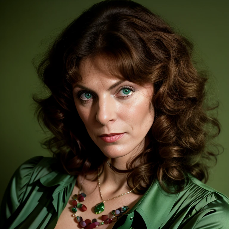 Hyperrealistic art of  Kay Parker a woman with a green shirt on looking at the camera vintage Glamour Photography, Extremely high-resolution details, photographic, realism pushed to extreme, fine texture, incredibly lifelike