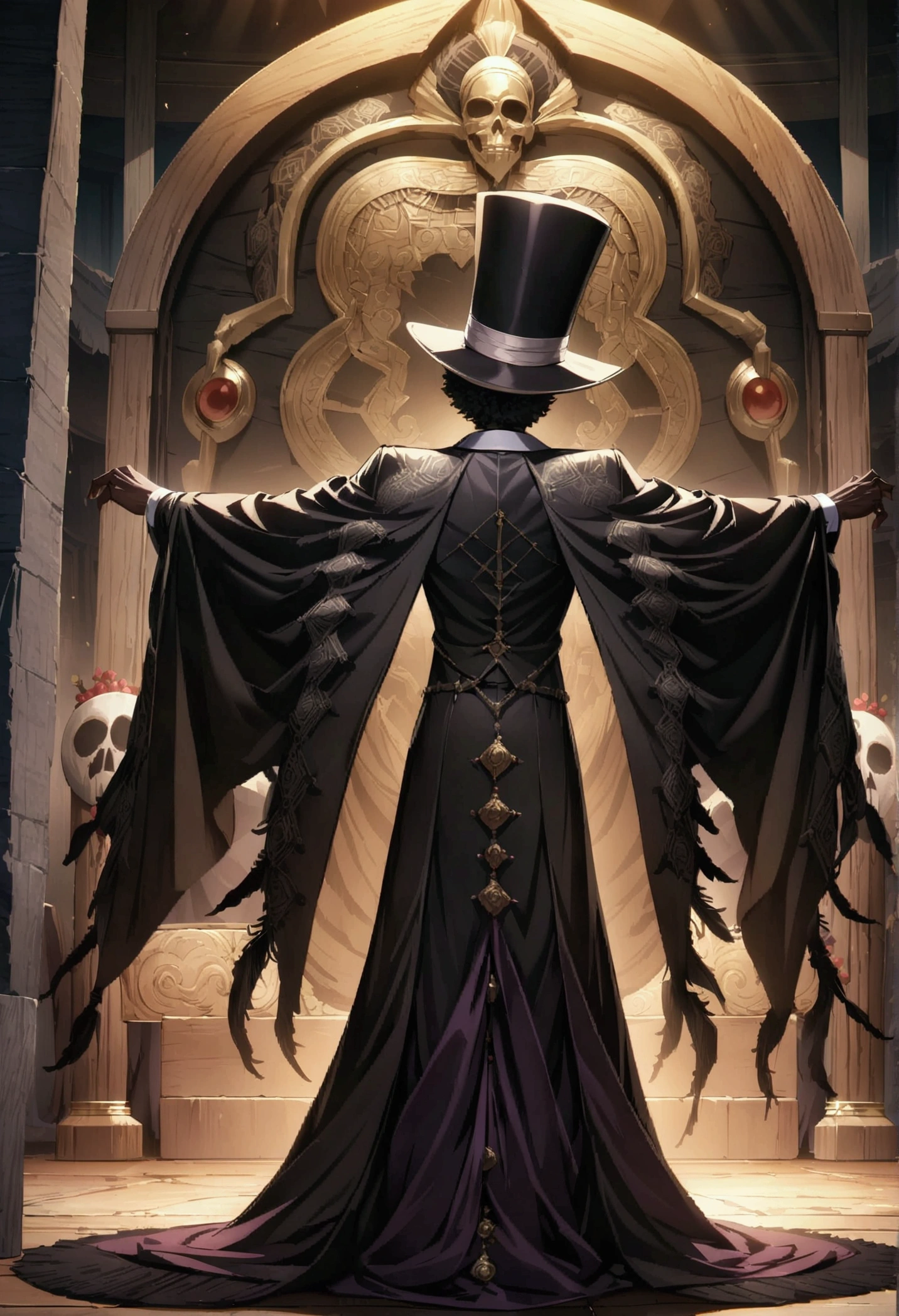 (((BARON SAMEDI))) best quality, ultra-high resolution, 4K detailed CG, masterpiece, man, formal wear, top hat, voodoo mythology, ((standing pose)), African aesthetic, centered screen