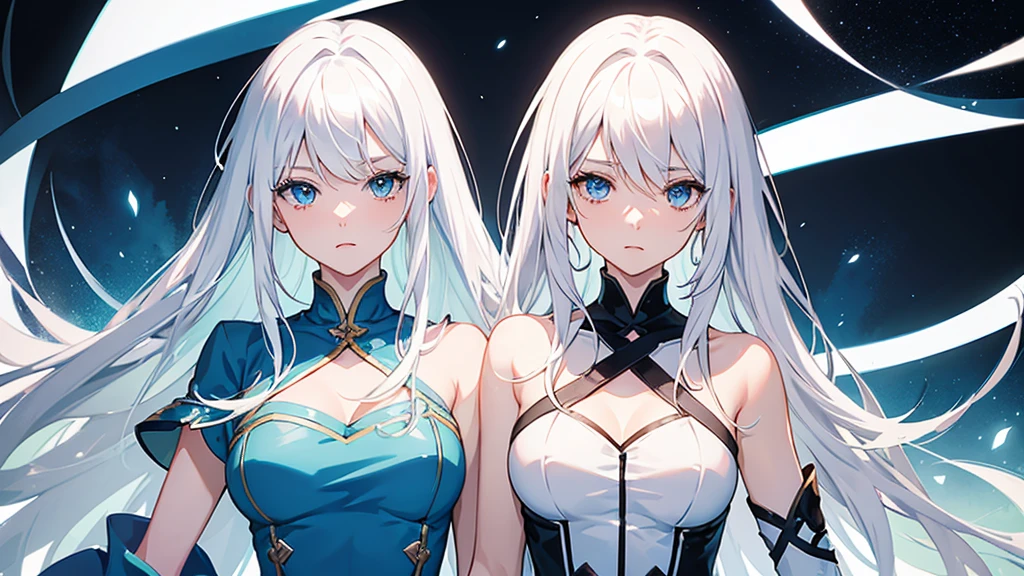 Create an illustration of an anime-style character with white hair and blue eyes。The character's eyes shine like jewels、He has a serious look on his face during the battle.。Her hair is medium length and stands up.、Dressed in black。There is a lightning bolt in the background.、It gives a dramatic and dynamic feel.。Character faces forward、He has a look of concentrated determination.。