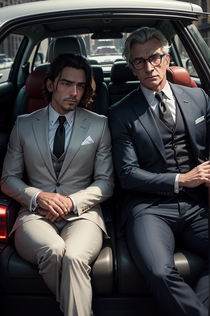 Two American mafia men in suits and ties sitting in a car，The background is an American city, Biographical films, Promotional image, High quality photos, Art work, Wim Wenders, [ drama ], 2022 , [ Movie, author：Emma Andijewska, High-quality screenshots, author：Dan Frazier, 4k static, netflix, High-quality stills, a24 ，High quality face，Clear facial features