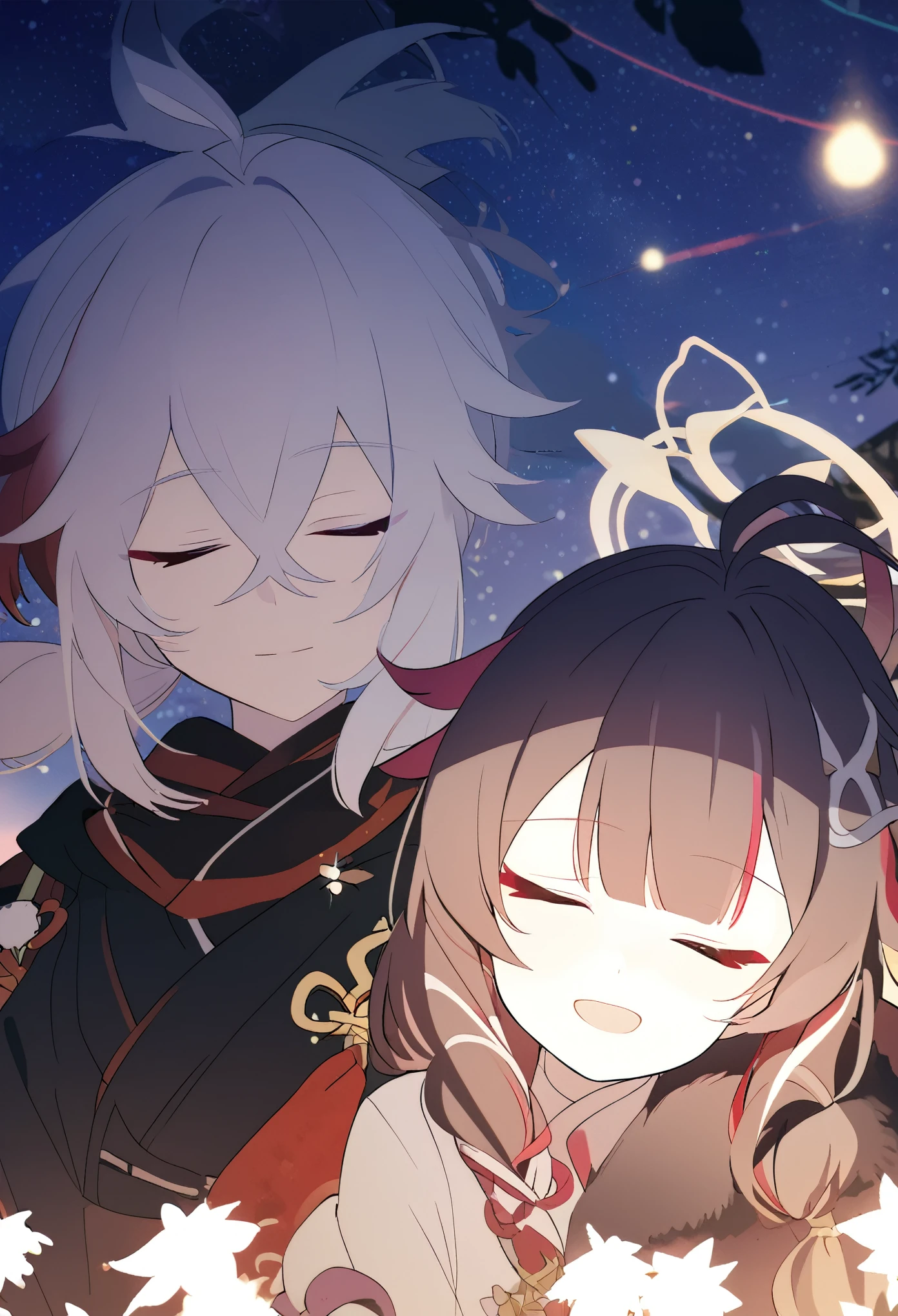 man and woman couple, couple, under the stars, beautiful starry sky, at night, a little stuck, 1 girl, Columbina, multicilor hair, two color hair, colored inner hair, decoration for your hair, black fur, dark fur, with red outline, Closed eyes, 1 chico, Kaedehara Kazuha, white hair with a red streak, hair ornament