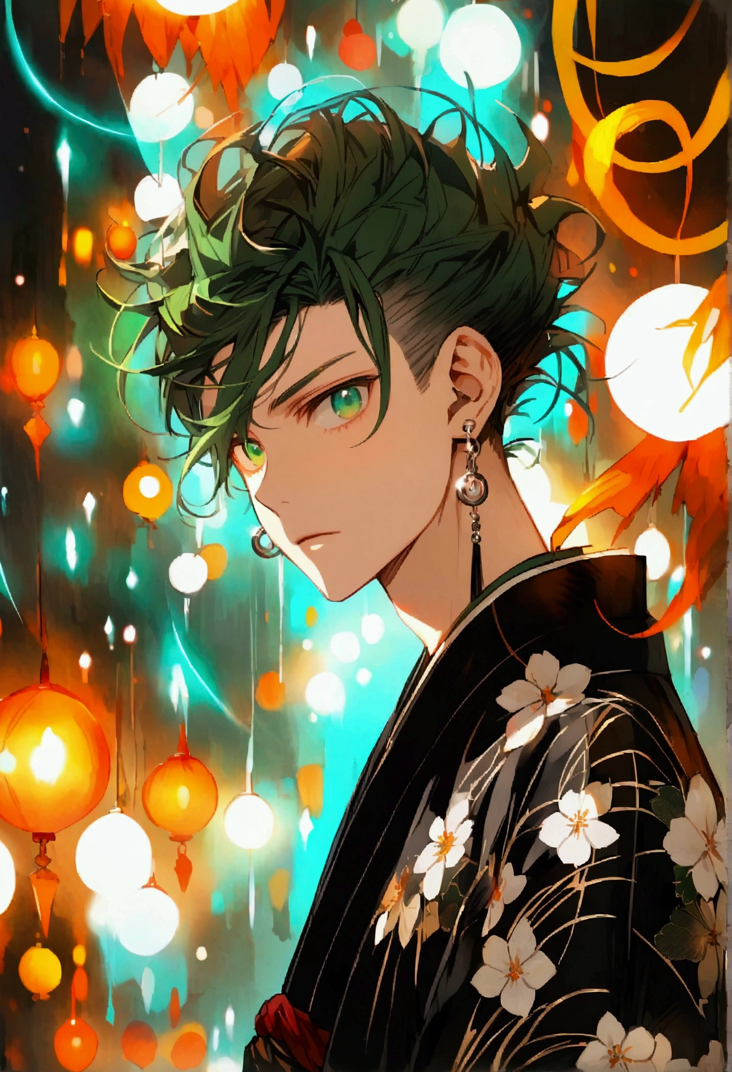 Anime, young man, small balck dot over eye, green hair, long hair in the middle and shaved sides, messy hair strands, green eyes, shorty, fully dark black japonese kimono,a pair of silver spiral-shaped earrings