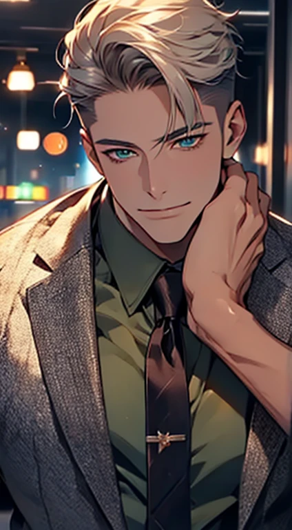 (Highest quality,4K,8K,High resolution,masterpiece:1.2),Super detailed,(Realistic,photoRealistic,photo-Realistic:1.37),1 person,34 years old,Mature Men,Beautiful skin、very handsome,Expressionless smile in love,Short white hair,green eyes,Sharp Eyes,A perfect face without a doubt,Businessman, CEO, Office Background,Cinema Lighting,HDR image,tie、