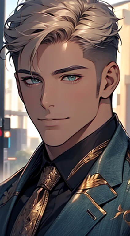 (Highest quality,4K,8K,High resolution,masterpiece:1.2),Super detailed,(Realistic,photoRealistic,photo-Realistic:1.37),1 person,34 years old,Mature Men,Beautiful skin、very handsome,Expressionless smile in love,Short white hair,green eyes,Sharp Eyes,A perfect face without a doubt,Businessman, CEO, Office Background,Cinema Lighting,HDR image,tie、