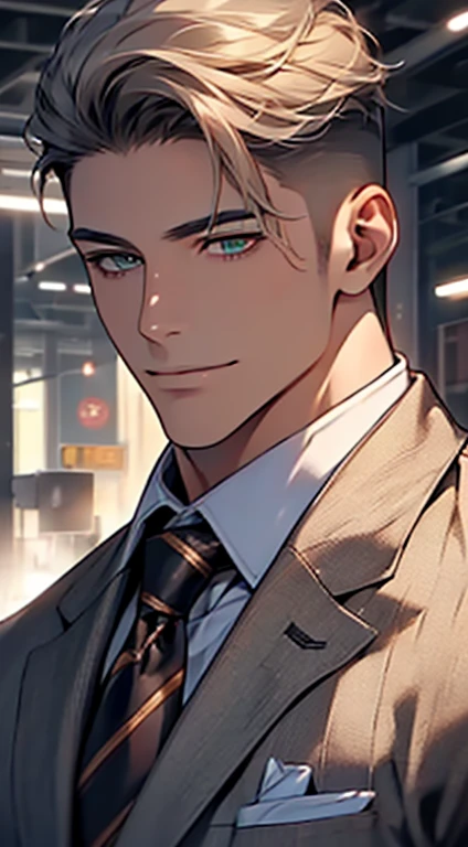 (Highest quality,4K,8K,High resolution,masterpiece:1.2),Super detailed,(Realistic,photoRealistic,photo-Realistic:1.37),1 person,34 years old,Mature Men,Beautiful skin、very handsome,Expressionless smile in love,Short white hair,green eyes,Sharp Eyes,A perfect face without a doubt,Businessman, CEO, Office Background,Cinema Lighting,HDR image,tie、