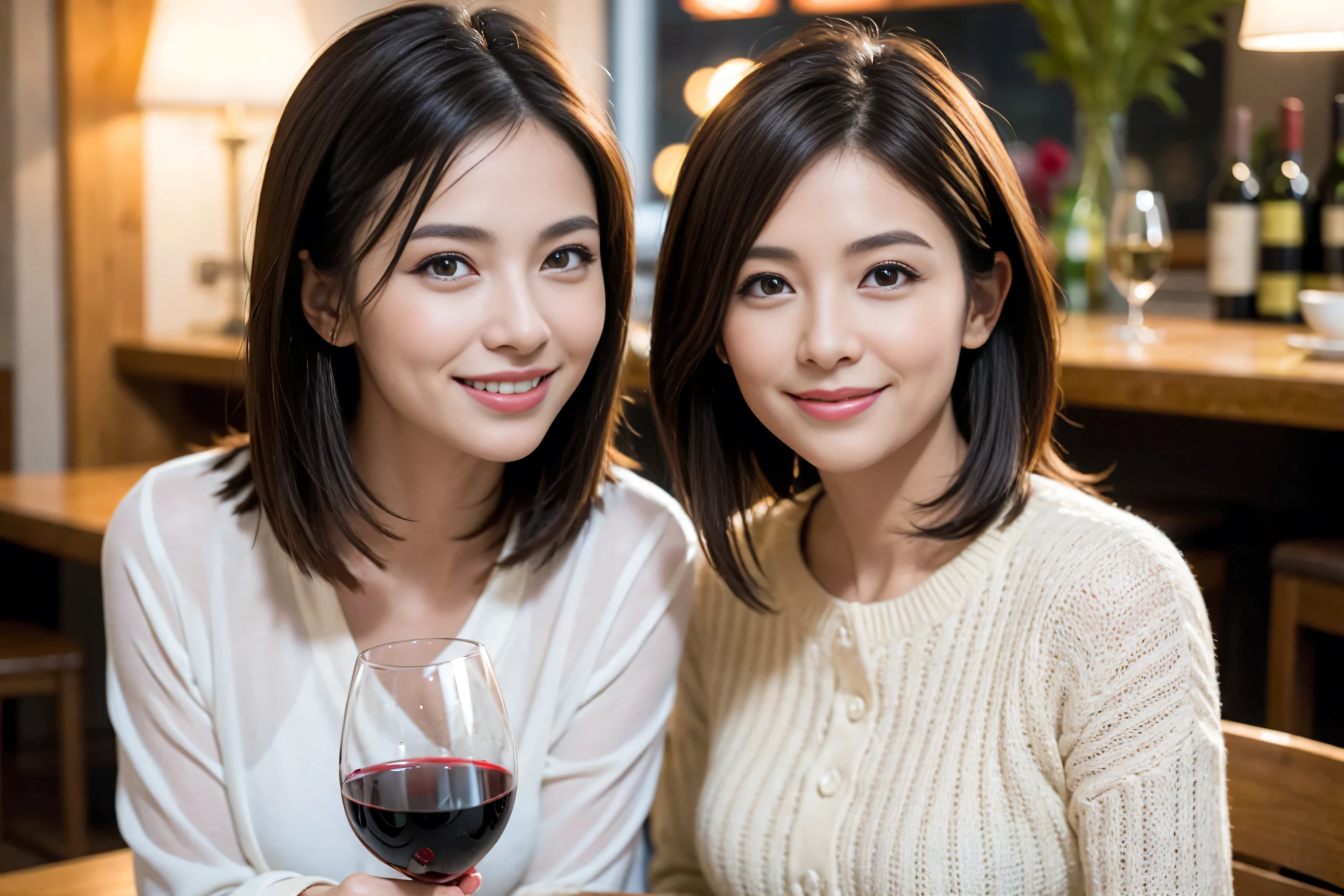 (Realistic:1.1),(masterpiece,Highest quality),8k,(49 years old), 50 years old, slimカップル、Tight waist,Upper Body,full-course dinner、wine 、Amazing view of the sunset sky and clouds、Perfect Anatomy, Brown Hair, short hair,Random Hairstyles,((Highly detailed face and eyes:1.2)),Perfect golden ratio face,Long sleeve shirt、dress,(smile:1.2)、Shortcuts、cute、(Realistic, Intricate details:1.2), A bright smile、short hair,Bright Face、赤wine 、Appetizers、Italian food、wine bottle、Champagne、スパークリングwine、(slimな顔), (The body is slim), (Brown Hair), (Shortcuts), Upper Body, 白wine, slim, wineグラス,