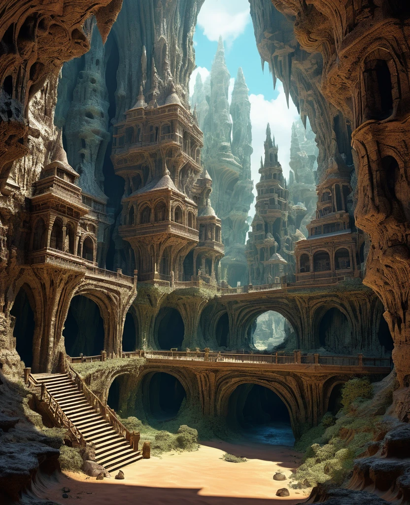 there are many inverted cavities (different rooms, joined by mandelbulb projections that form passages) in the middle of an underground canyon that makes up a mandelbulb mud village at different heights with many balconies and stalactites and stalactites, fantasy architecture, Highly detailed 4k digital art, beautiful detailed fantasy, stunning fantasy landscape, detailed fantasy digital art, arstation and beep highly, fantasy style octane 8k rendering, stuning fantasy 3d rendering, 4k detail fantasy, fantasy 3d rendering, 3D rendering beep, deep masive desert landscape, stalacmite cave laberinto very confuse type geonosis bubbes