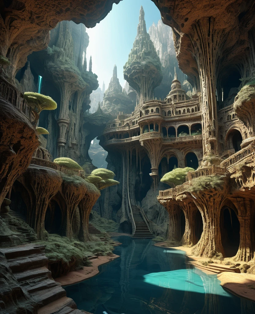 there are many inverted cavities (different rooms, joined by mandelbulb projections that form passages) in the middle of an underground canyon that makes up a mandelbulb mud village at different heights with many balconies and stalactites and stalactites, fantasy architecture, Highly detailed 4k digital art, beautiful detailed fantasy, stunning fantasy landscape, detailed fantasy digital art, arstation and beep highly, fantasy style octane 8k rendering, stuning fantasy 3d rendering, 4k detail fantasy, fantasy 3d rendering, 3D rendering beep, deep masive desert landscape, stalacmite cave laberinto very confuse type geonosis bubbes