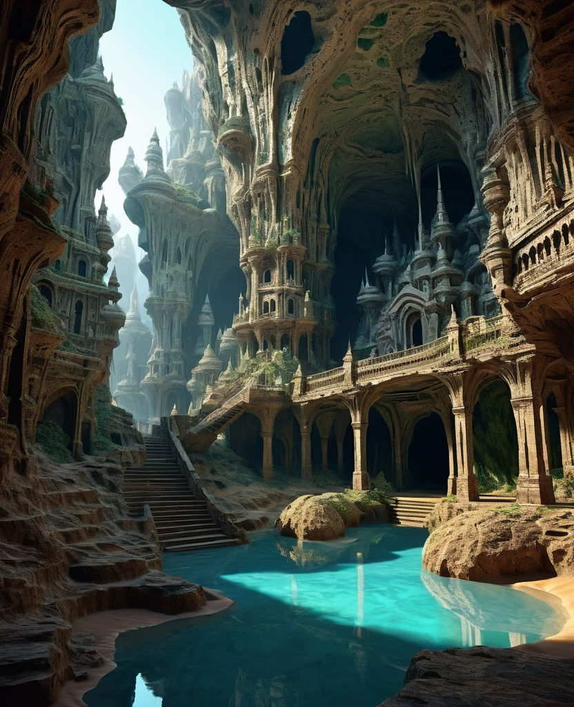 there are many inverted cavities (different rooms, joined by mandelbulb projections that form passages) in the middle of an underground canyon that makes up a mandelbulb mud village at different heights with many balconies and stalactites and stalactites, fantasy architecture, Highly detailed 4k digital art, beautiful detailed fantasy, stunning fantasy landscape, detailed fantasy digital art, arstation and beep highly, fantasy style octane 8k rendering, stuning fantasy 3d rendering, 4k detail fantasy, fantasy 3d rendering, 3D rendering beep, deep masive desert landscape, stalacmite cave laberinto very confuse type geonosis bubbes