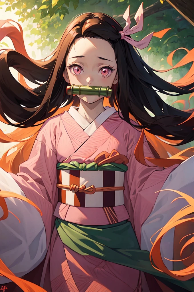 (((masterpiece))), nezuko, 1girl, bamboo, bit gag, brown hair, checkered sash, gag, gagged, gradient hair, hair ribbon, haori, japanese clothes, kimono, long hair, looking at viewer, multicolored hair, orange hair, pink eyes, pink kimono, pink ribbon, ribbon, solo, upper body,  
