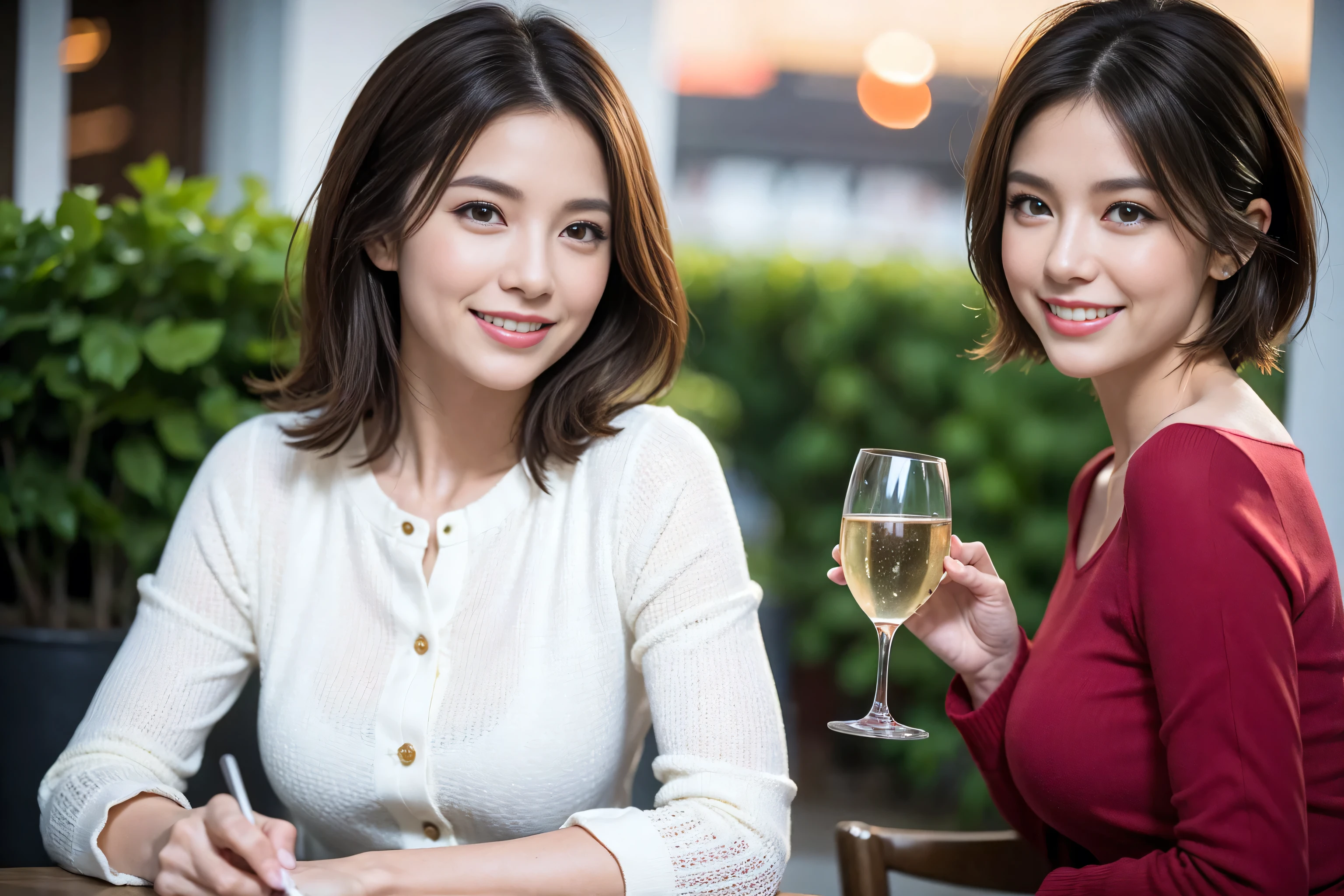 (Realistic:1.1),(masterpiece,Highest quality),8k,(49 years old), 50 years old, slimカップル、Tight waist,Upper Body,full-course dinner、wine 、Amazing view of the sunset sky and clouds、Perfect Anatomy, Brown Hair, short hair,Random Hairstyles,((Highly detailed face and eyes:1.2)),Perfect golden ratio face,Long sleeve shirt、dress,(smile:1.2)、Shortcuts、cute、(Realistic, Intricate details:1.2), A bright smile、short hair,Bright Face、赤wine 、Appetizers、Italian food、wine bottle、Champagne、スパークリングwine、(slimな顔), (The body is slim), (Brown Hair), (Shortcuts), Upper Body, 白wine, slim, wineグラス,