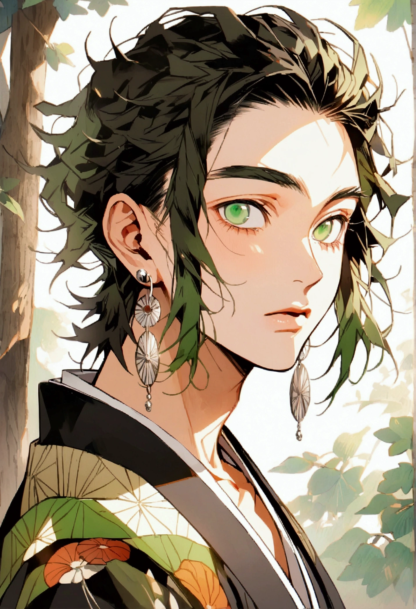 Anime, young man, small balck dot over eye, green hair, long hair in the middle and shaved sides, messy hair strands, green eyes, shorty, fully dark black japonese kimono,a pair of silver spiral-shaped earrings, kimetsu no yaiba art style.