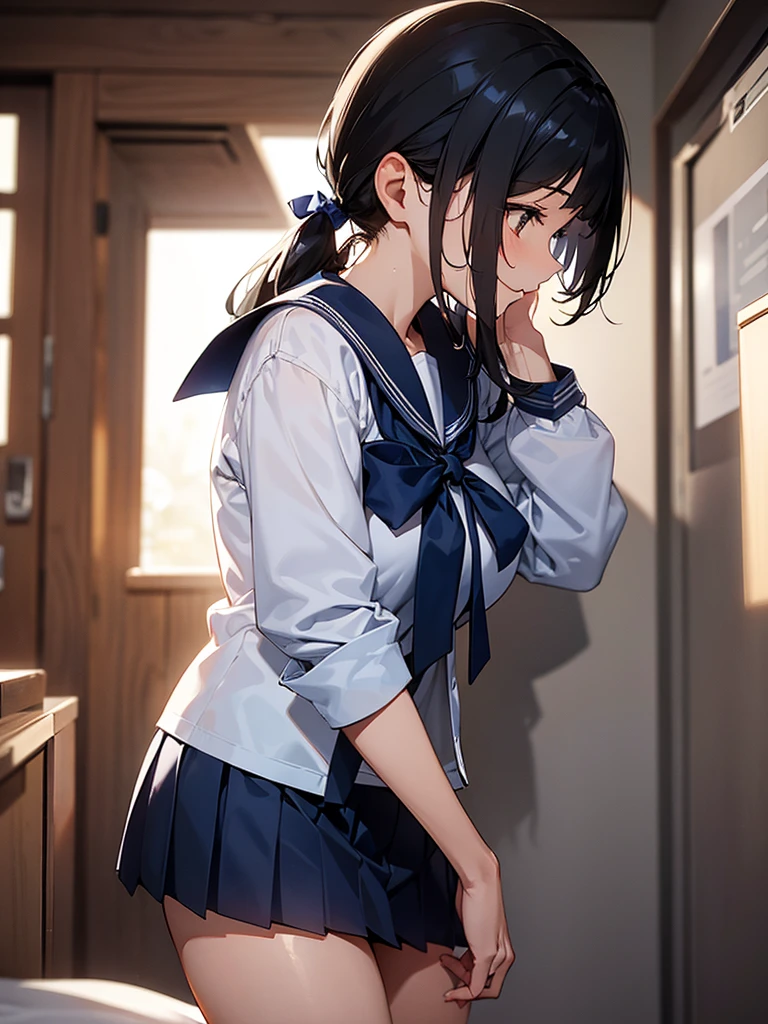 Composition seen from the side Profile Looking away:3.6　Smiling woman with light in her eyes　Apartment room　Full body view　Sweat　High ponytail:3.6　Working adult, white summer sailor uniform, dark blue collar, dark blue ribbon, dark blue skirt, short black hair, straight hair, hair tie　Sweep your bangs to the side:2.4. Slanted eyes, brown eyes, tall, strong-willed, beautiful　Tall and slender with large breasts