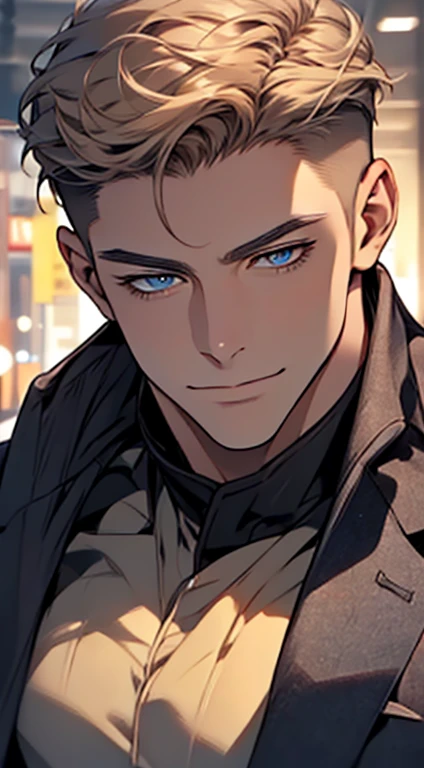 (best quality,4k,8k,highres,masterpiece:1.2),ultra-detailed,(realistic,photorealistic,photo-realistic:1.37),1 man,31 years old,mature man,very handsome,without expression,smile,short grey golden hair,blue eyes,penetrating gaze,perfect face without errors,imposing posture,businessman,office background,cinematic lighting,hdr image