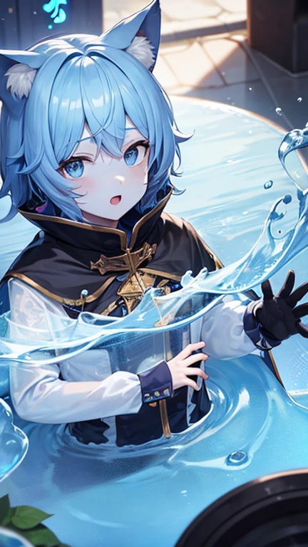 Blue Hair,Blue Skin,Black Cape,Cat ear,Character Liquid,Slime,Lots of musical notes in the background