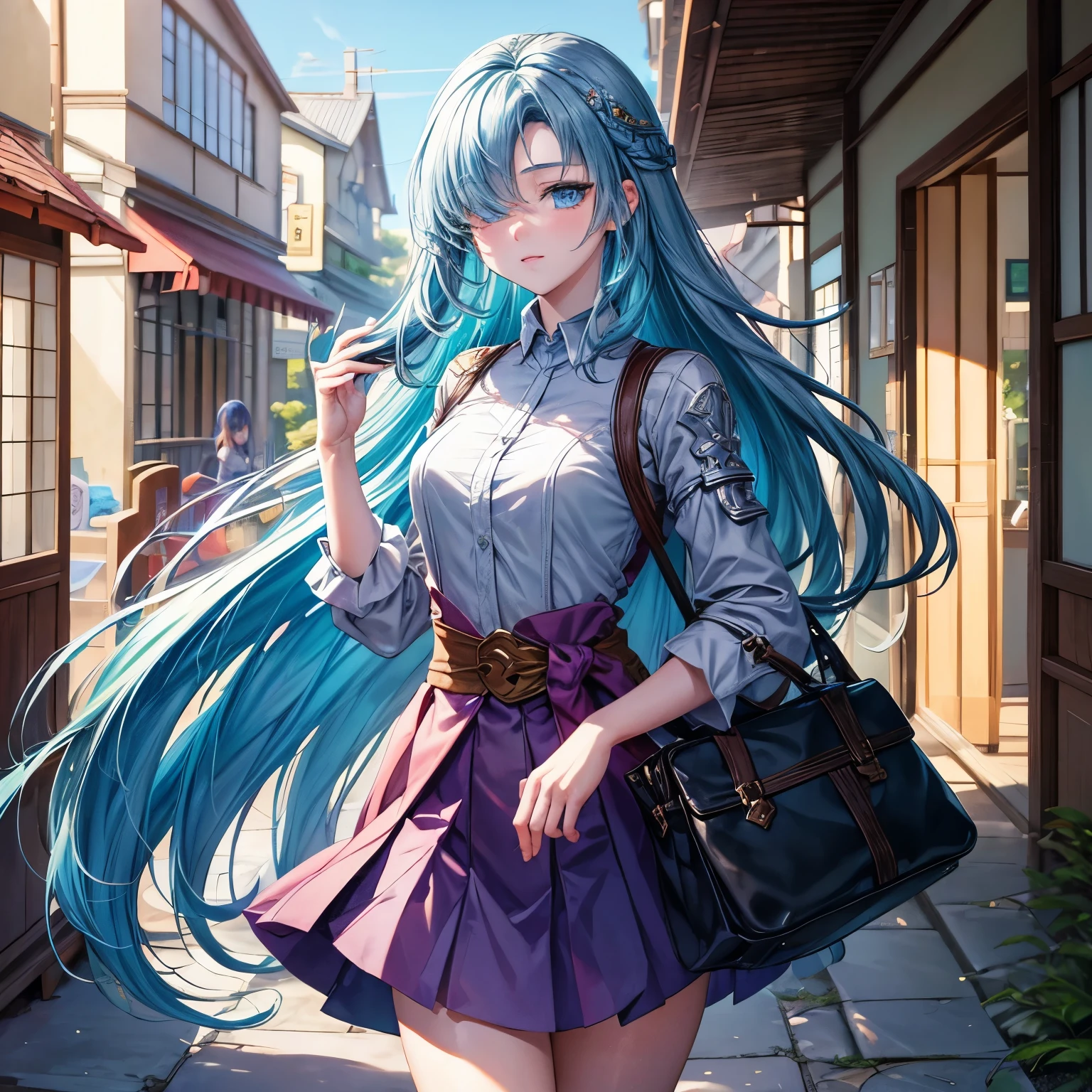 (masterpiece, ultra detailed), 1 girl, beautiful girl, Future princes guardian tales, blue hair, blue eyes , long hair , japan , carrying bag, walking after school, hair over one eye, guardian tales, future princess