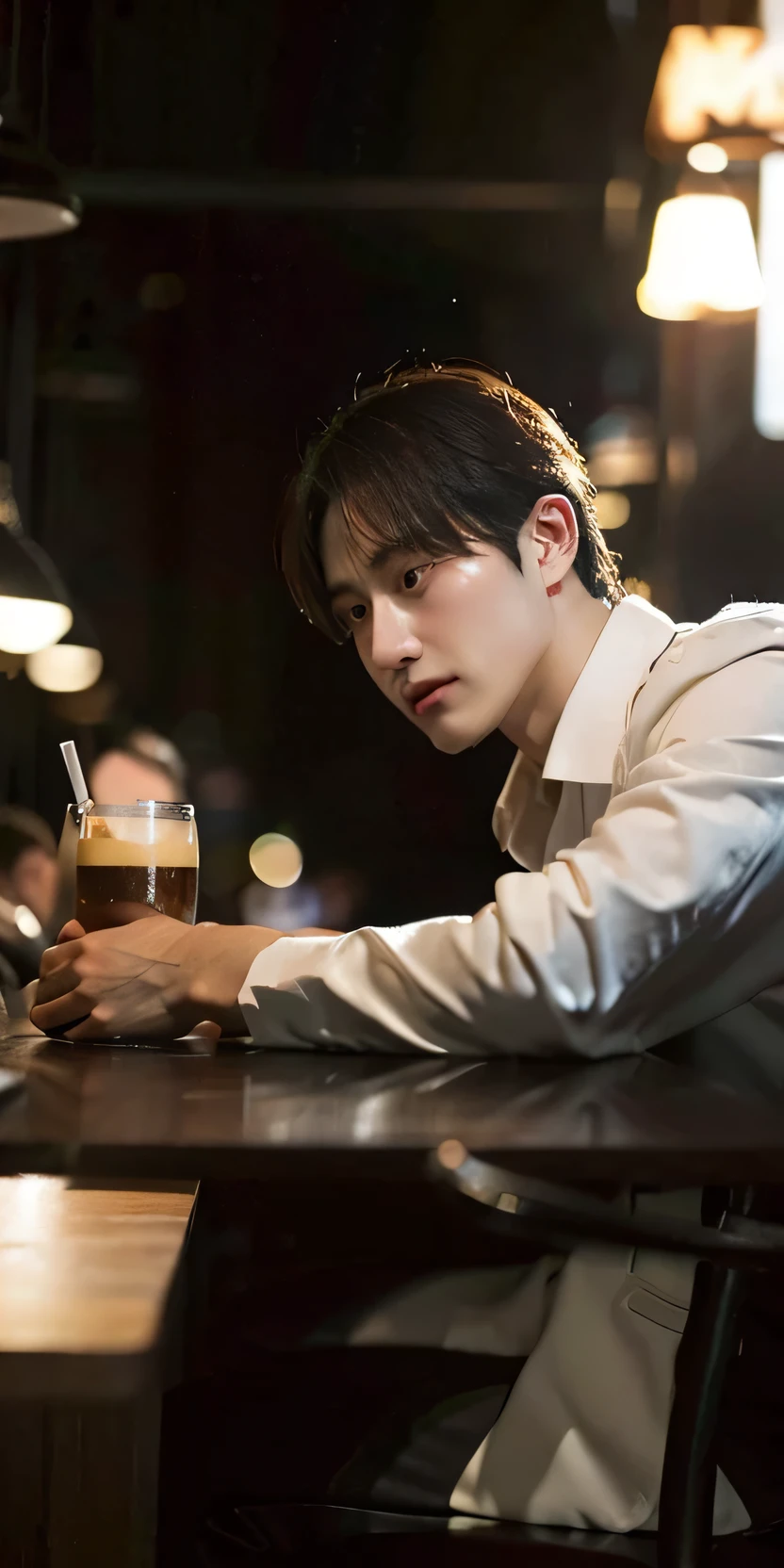 A man sheds tears while drinking at a cafe while looking at the ceiling. He is wearing an ivory jacket. He has a handsome face.