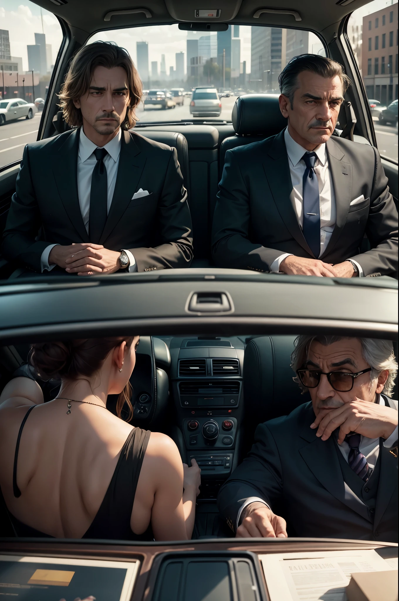 Two middle-aged American mafia bosses in suits and ties were sitting in the back seat of the car.，The background outside the window is an American city, Biographical films, Promotional image, High quality photos, Art work, Wim Wenders, [ drama ], 2022 , [ Movie, author：Emma Andijewska, High-quality screenshots, author：Dan Frazier, 4k static, netflix, High-quality stills, a24 ，High quality face，Clear facial features