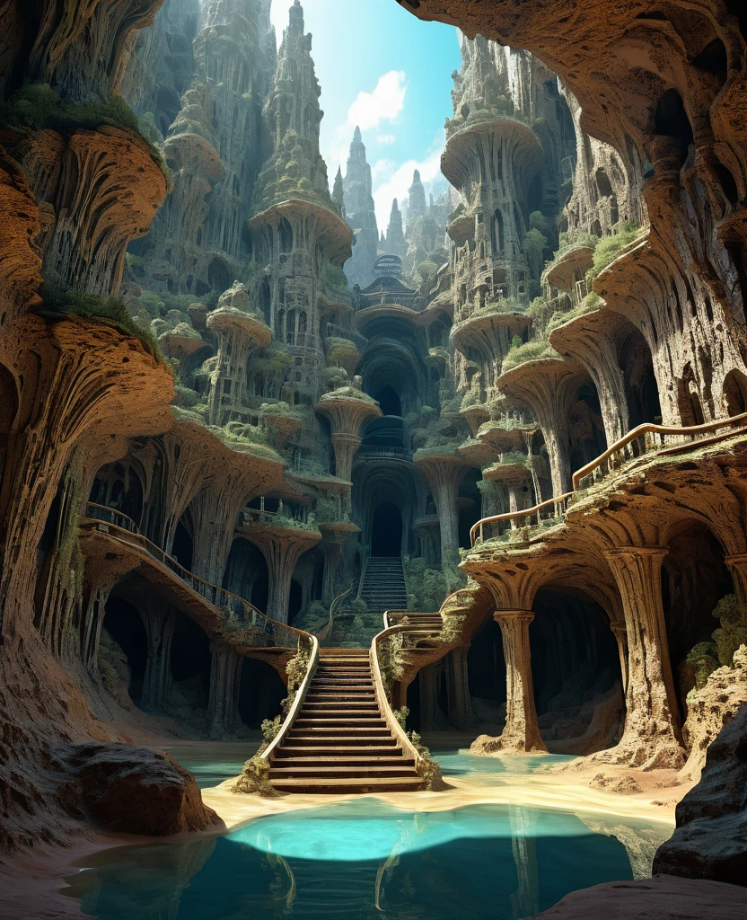 there are many inverted cavities (different rooms, joined by mandelbulb projections that form passages) in the middle of an underground canyon that makes up a mandelbulb mud village at different heights with many balconies and stalactites and stalactites, fantasy architecture, Highly detailed 4k digital art, beautiful detailed fantasy, stunning fantasy landscape, detailed fantasy digital art, arstation and beep highly, fantasy style octane 8k rendering, stuning fantasy 3d rendering, 4k detail fantasy, fantasy 3d rendering, 3D rendering beep, deep masive desert landscape, stalacmite cave laberinto very confuse type geonosis bubbes