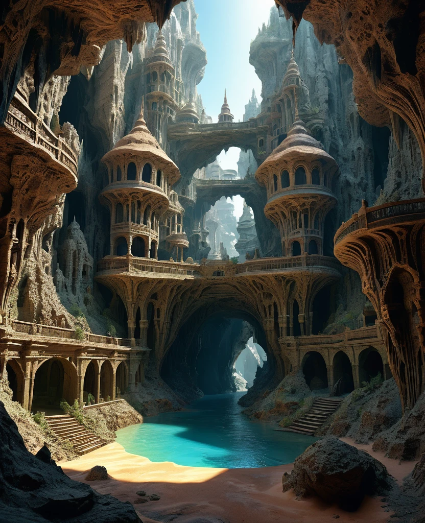 there are many inverted cavities (different rooms, joined by mandelbulb projections that form passages) in the middle of an underground canyon that makes up a mandelbulb mud village at different heights with many balconies and stalactites and stalactites, fantasy architecture, Highly detailed 4k digital art, beautiful detailed fantasy, stunning fantasy landscape, detailed fantasy digital art, arstation and beep highly, fantasy style octane 8k rendering, stuning fantasy 3d rendering, 4k detail fantasy, fantasy 3d rendering, 3D rendering beep, deep masive desert landscape, stalacmite cave laberinto very confuse type geonosis bubbes