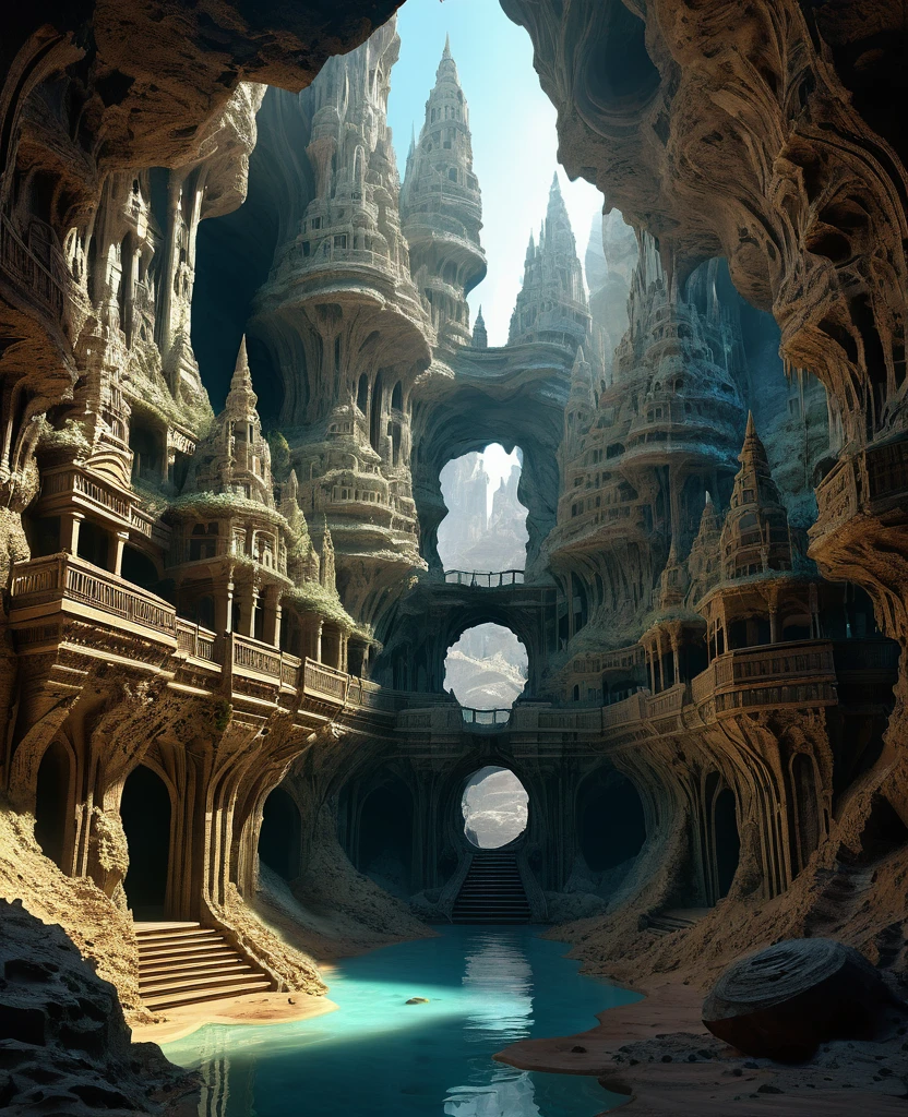 there are many inverted cavities (different rooms, joined by mandelbulb projections that form passages) in the middle of an underground canyon that makes up a mandelbulb mud village at different heights with many balconies and stalactites and stalactites, fantasy architecture, Highly detailed 4k digital art, beautiful detailed fantasy, stunning fantasy landscape, detailed fantasy digital art, arstation and beep highly, fantasy style octane 8k rendering, stuning fantasy 3d rendering, 4k detail fantasy, fantasy 3d rendering, 3D rendering beep, deep masive desert landscape, stalacmite cave laberinto very confuse type geonosis bubbes