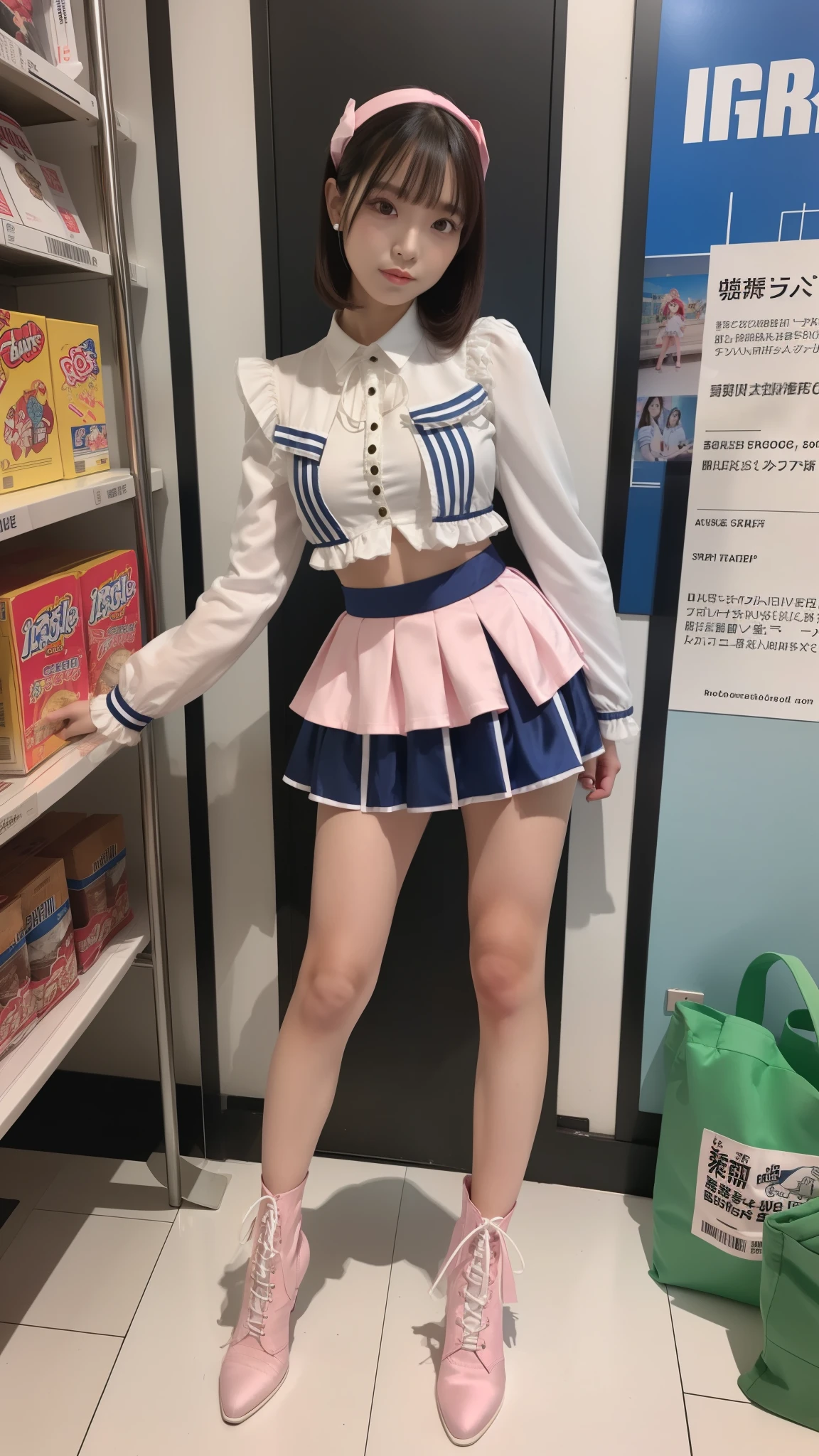 Costume like a idol, blue and white half sleeve Jacket, pink satin ruffled blouse, White and pink stripe pleated skirt, white lace up boots