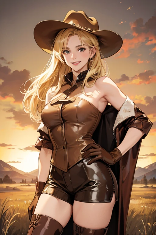 A blonde mature woman wearing a cowboy hat and a brown patent leather tube top, brown patent leather shorts, brown patent leather gloves, and brown patent leather knee-high boots, smiling gently. Wilderness in the background