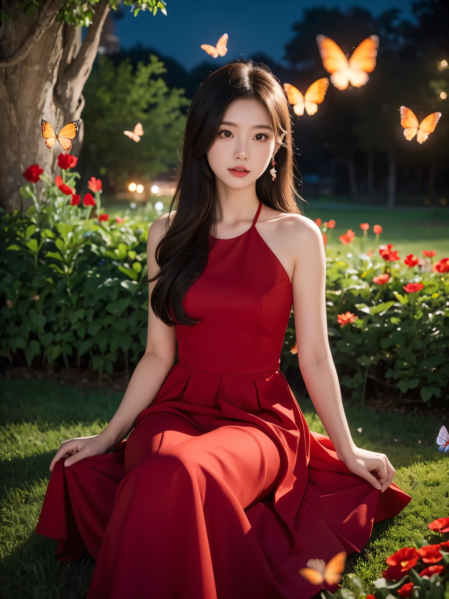 1girl，red_dress (night), In the park under the moonlight，A beautiful girl sitting among the flowers，Surrounded by blooming flowers and fluttering butterflies。Girl&#39;s cleavage is visible，The body leans back，Support your body with your elbows，Showing an elegant and seductive posture。She has a very beautiful、Well-proportioned legs，Anatomically correct。The girl&#39;s face is delicate，Bathed in the soft moonlight，The whole scene is filled with atmospheric lighting effects。Dramatic lighting creates a cinematic atmosphere。The bright smile on the girl&#39;s face adds a touch of fantasy。