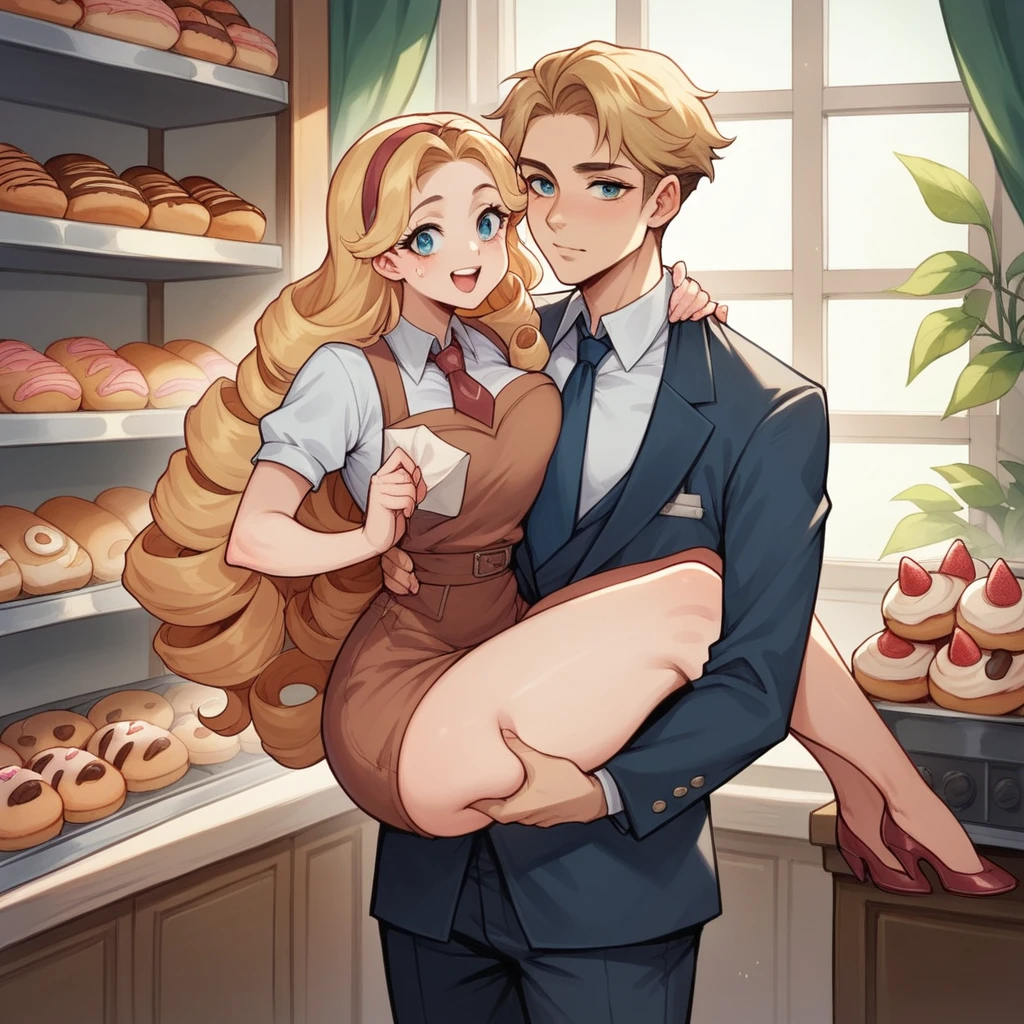 Beautiful woman 25 years old, not very high, long curly light blonde hair, Thin waist, big tits, well-shaped and large hips. She wears a secretary uniform with a tie, she is in front of a bakery, carry a wallet, He looks very hungry at the bakery