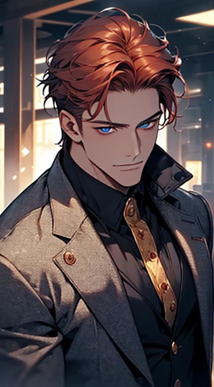 (best quality, masterpiece, 8K, photorealistic, cinematic lighting, 1:4 hdr image, ultra detailed, beautiful image), a mature man, 34 years very handsome, ((cold expression)), short red hair, blue eyes, face perfect without mistakes, ((buttoning his jacket, CEO)), smile.