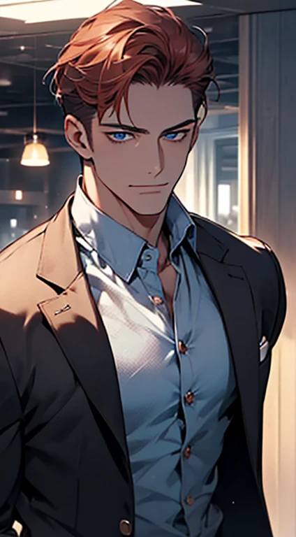 (best quality, masterpiece, 8K, photorealistic, cinematic lighting, 1:4 hdr image, ultra detailed, beautiful image), a mature man, 34 years very handsome, ((cold expression)), short red hair, blue eyes, face perfect without mistakes, ((buttoning his jacket, CEO)), smile.
