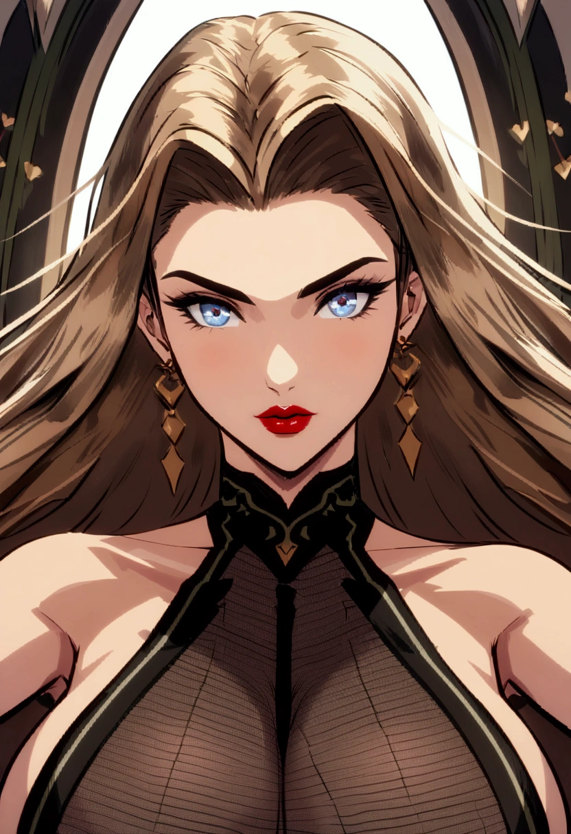 An (((Ebony African))) woman with (((mulatto skin))) showcases her (((perfect eyes))) and (((red lips))) in a striking pose. Her (((perfect face))) and (((giant breasts))) are complemented by a sleek black dress, exuding confidence as she poses for a picture. Captured by (((Eve Ryder))), this portrait, reminiscent of (((Nicole Aniston))), is crafted with attention to detail, featuring (((black stripes))) in a net art style, portraying the essence of (((Anna Nikonova))), also known as (((Newmilky))).