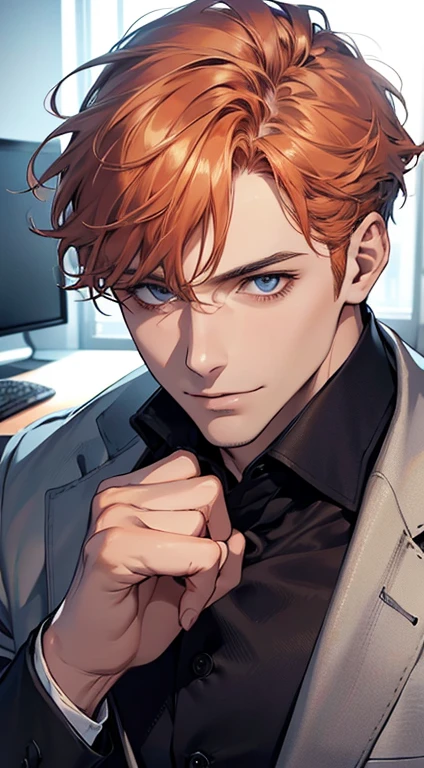 (best quality,4k,8k,highres,masterpiece:1.2),ultra-detailed,(realistic,photorealistic,photo-realistic:1.37),1 man,31 years old,mature man,very handsome,without expression,smile,short grey b
Orange hair,blue eyes,penetrating gaze,perfect face without errors,imposing posture,businessman,office background,cinematic lighting,hdr image