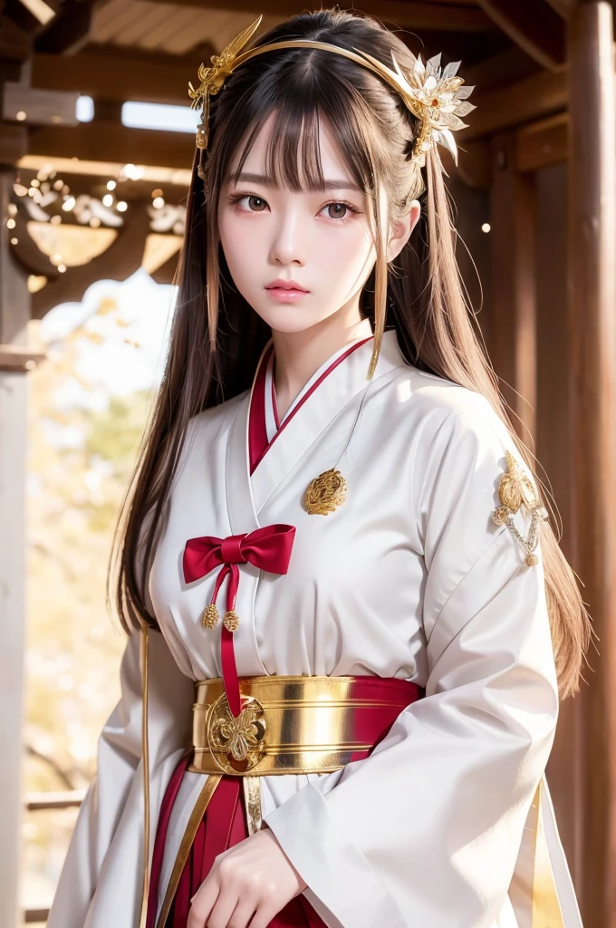 White hunting uniform, a shinto shrine maiden, detailed face, detailed eyes, detailed lips, long straight brown hair, gold thin hair ornaments, red straight lines on white outfit, conservative outfit, holding silver scissors, standing in a shrine courtyard, upper body closeup, high quality, digital art, photorealistic, dramatic lighting, cinematic, masterpiece